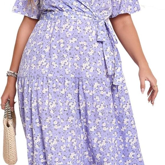 Women's Plus Size V Neck Maxi Dress Ruffle Short Sleeve Belt Casual Summer - Picture 1 of 5